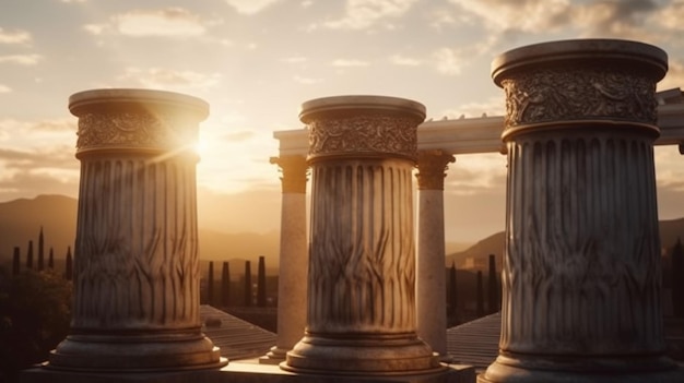 The sun setting behind the columns of the ancient greek temple