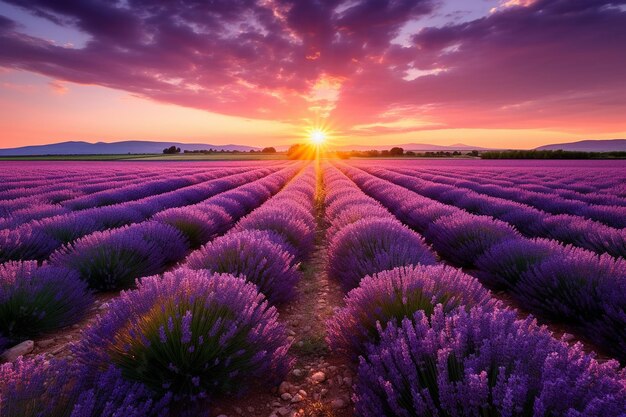 Sun setting behind a field of lavender