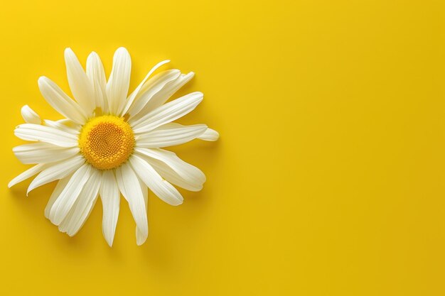 Sun shape made of white daisy on yellow background Wildflower greeting card mockup with space for positive text Top view