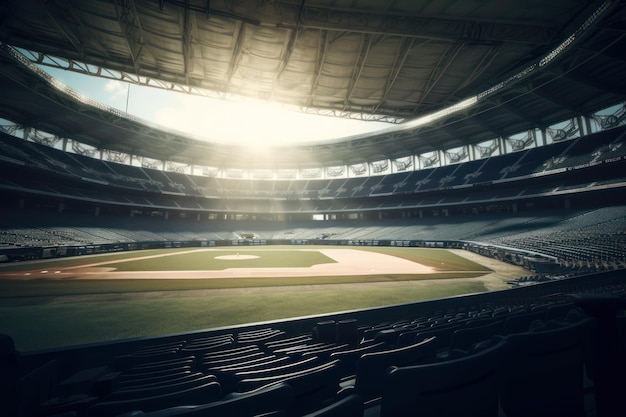 The sun shines on a baseball stadium