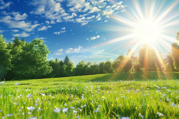 the sun shines brightly over a grassy field