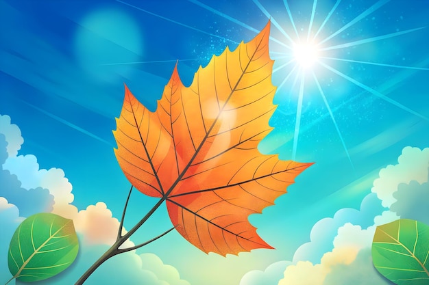 Sun shines on a leaf on the tree in autumn