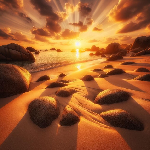 The sun shines on the rocks on the beach