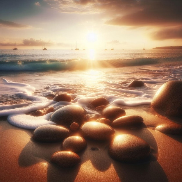 The sun shines on the rocks on the beach