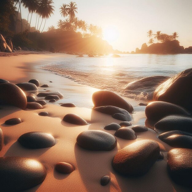 The sun shines on the rocks on the beach