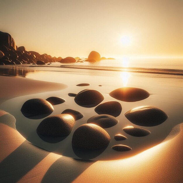 The sun shines on the rocks on the beach