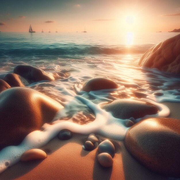 The sun shines on the rocks on the beach