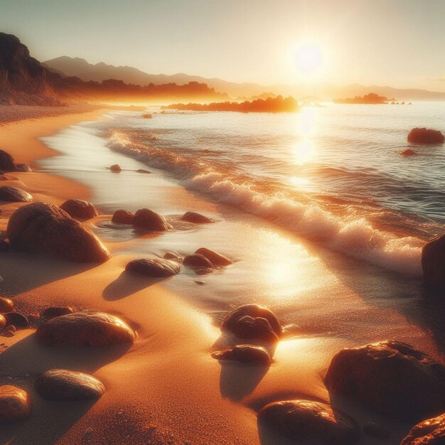 The sun shines on the rocks on the beach