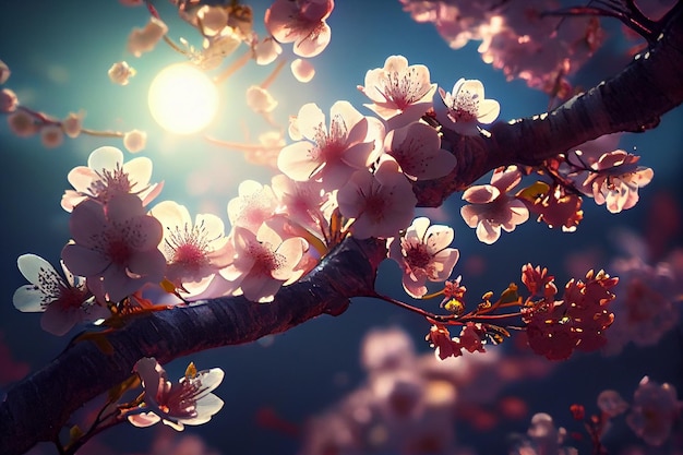 The sun shines through the flowers of a cherry blossom tree.