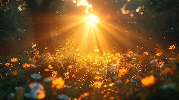 the sun shines through the leaves of a field of flowers