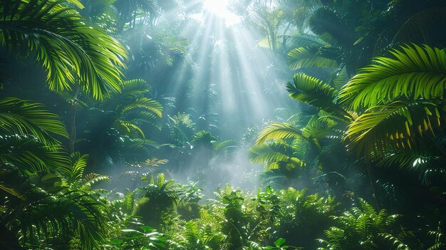 the sun shines through the leaves of the jungle