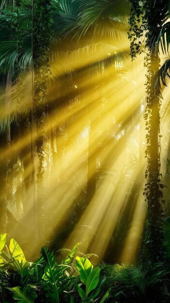 Photo the sun shines through the leaves of a tropical forest