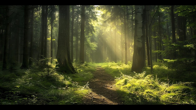 The sun shines through the tall trees in the forest creating a beautiful and inspiring scene