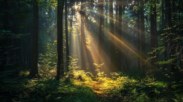 The sun shines through the tall trees in the forest The forest is full of green plants and trees The sunbeams make the forest look magical