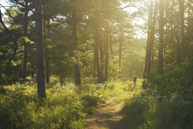 The sun shines through the trees along a woodland path