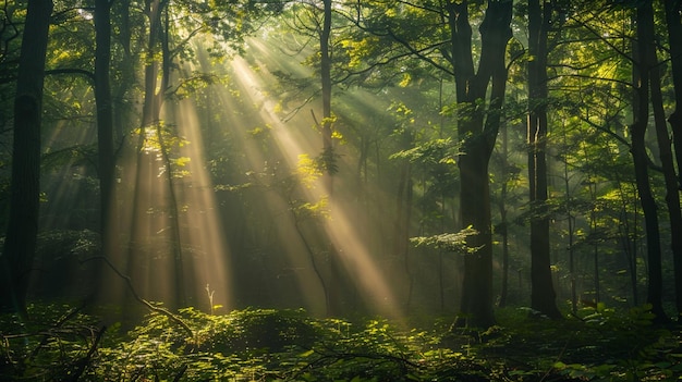 the sun shines through the trees in a forest