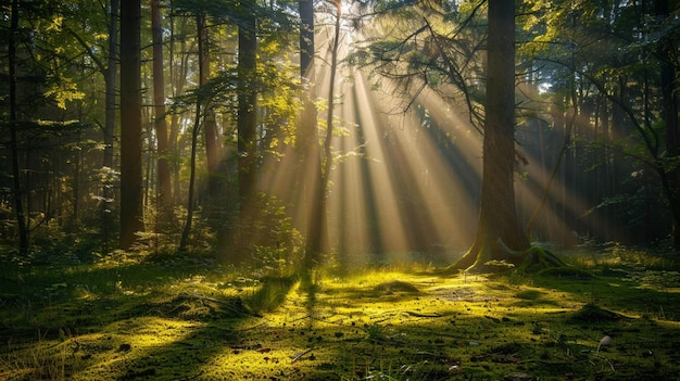 the sun shines through the trees in a forest