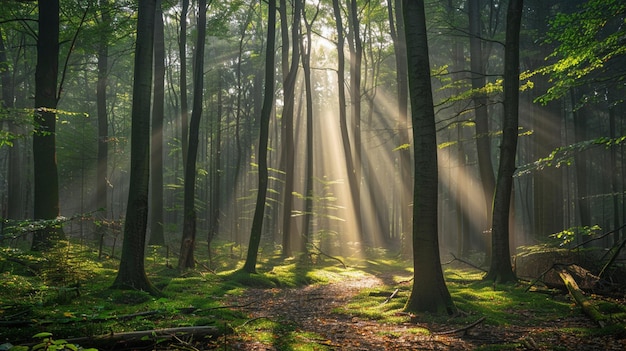 the sun shines through the trees in a forest