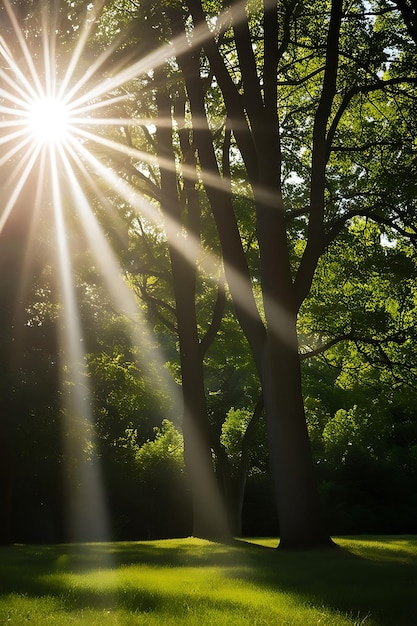 Photo sun shines through the trees in a forest