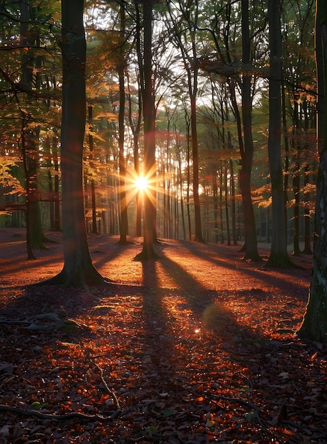 The sun shines through the trees in the forest