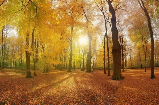 A sun shines through the trees in the forest.