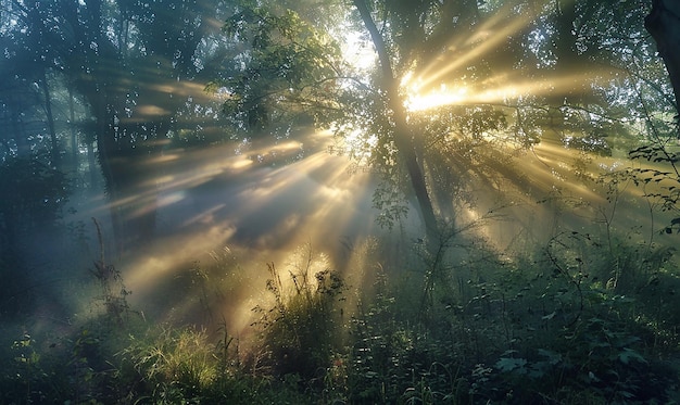 Photo the sun shines through the trees in jungle