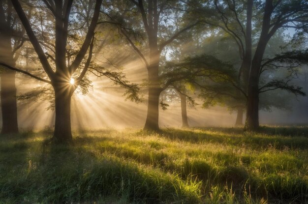 the sun shines through the trees