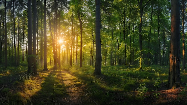 the sun shines through the trees