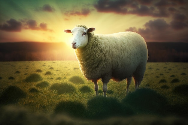 Sun shining on a solitary sheep in a November meadow