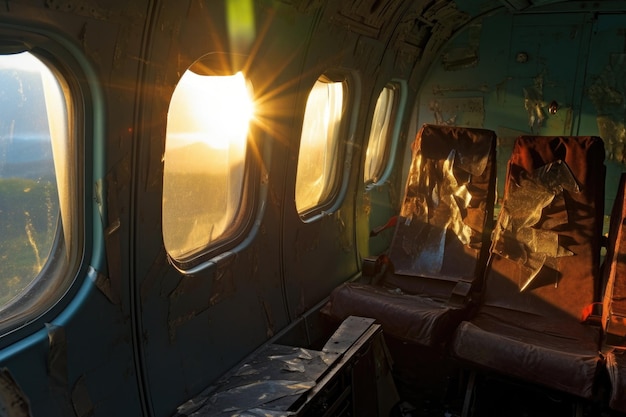 Sun shining through broken airplane windows created with generative ai