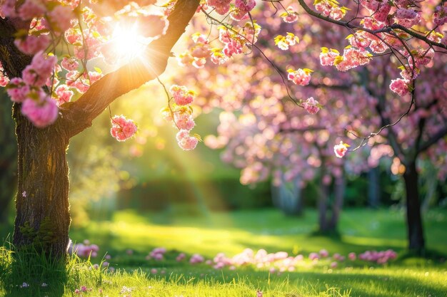 Sun shining through cherry tree garden in full bloom on a lawn