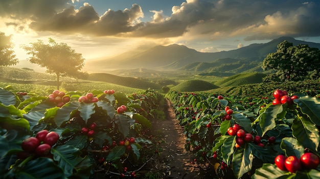 Sun Shining Through Clouds Over Coffee Bean Field Generative AI