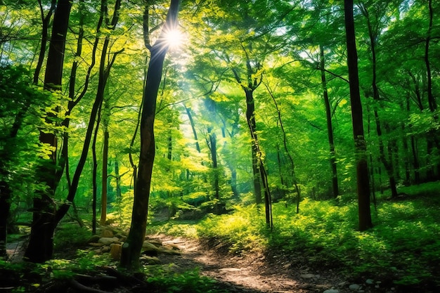 A sun shining through a forest full of green leaves and trees