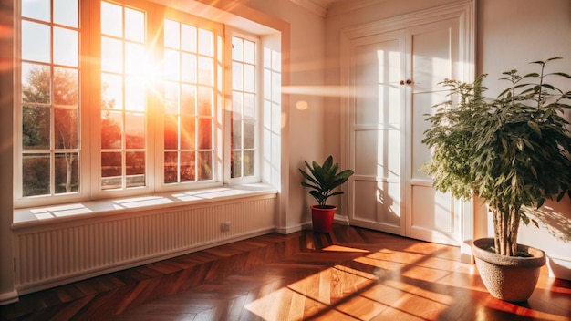 Photo sun shining through a window and a plant in a pot