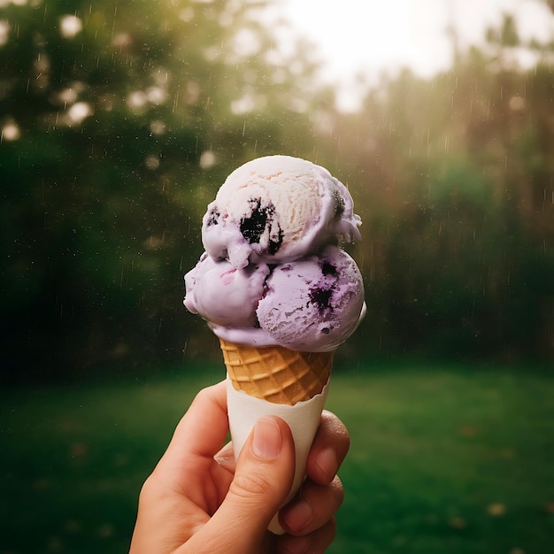 Sun Shower Delight Blueberry Ice Cream Under a Rainbow Sky