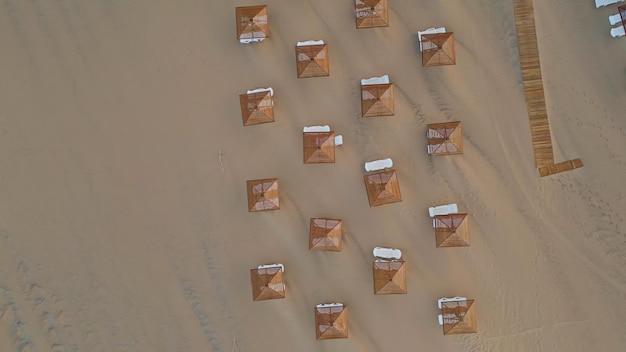 Sun umbrellas beach chairs on tropical resort aerial top view parasols loungers