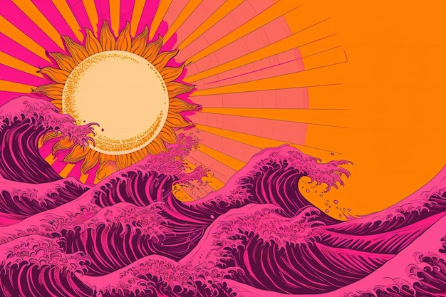 Sun and waves on a orange background