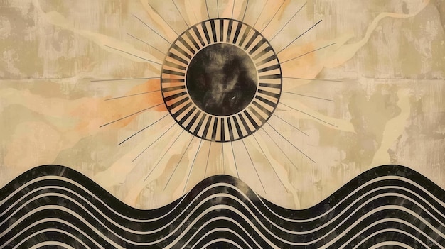 sun with rays extending outward flanked by two stylized black and white waves with a vintage texture