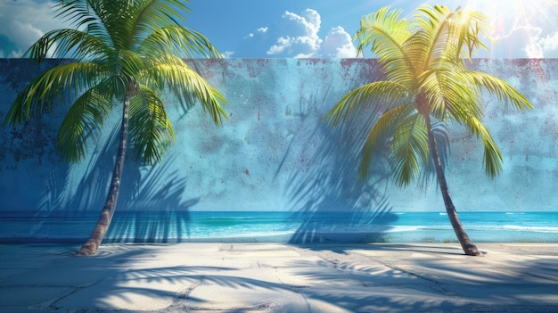 Sun With Shades Palm Trees Casting Shadows on Tropical Beach Wall