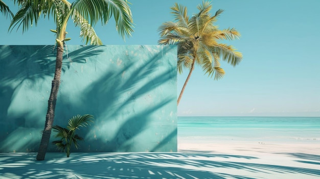 Sun With Shades Palm Trees Casting Shadows on Tropical Beach with Blue Sky