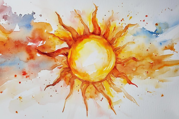 Sun with watercolor splashes on white background Watercolor painting