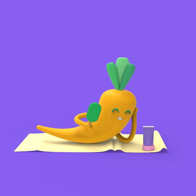 sunbathing carrot on the beach 3d illustration