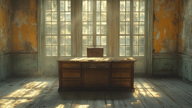 A Sunbeam Illuminates an Old Desk in an Abandoned Office