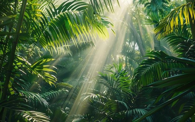 Photo sunbeam jungle at midday with rays of sunlight piercing through dense foliage creating a vivid dynamic interplay of light and shadow