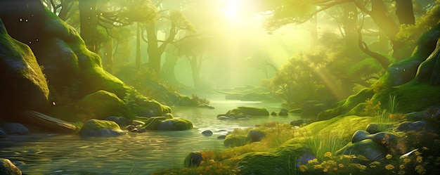 Sunbeam lit stream in a mystical moss covered forest