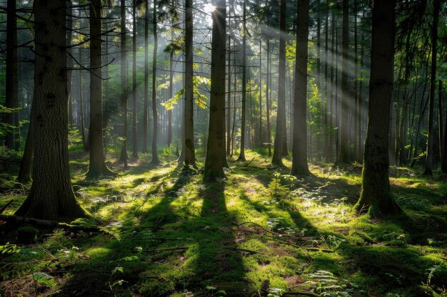 sunbeams coming through the trees in woods