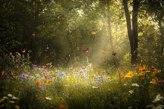 Sunbeams Dance Through a Glimmering Meadow Butterflies Flitting Amidst Wildflowers