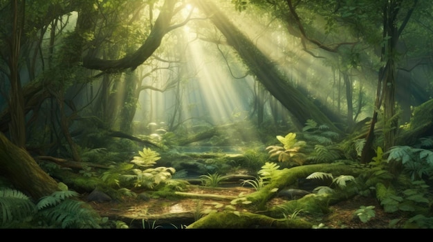 Sunbeams filtering through dense woodland foliage Created with Generative AI technology