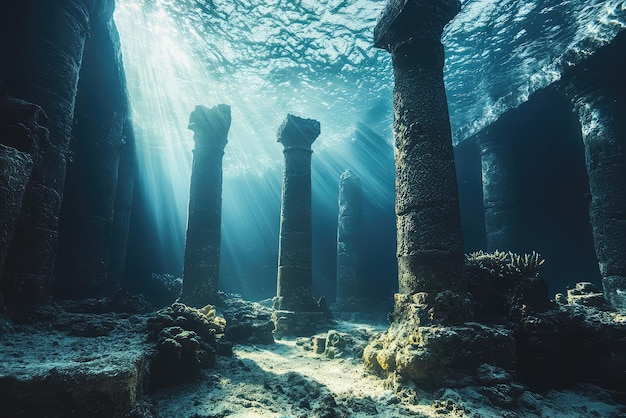 Photo sunbeams illuminate a lost civilization ancient stone pillars stand tall beneath the waves whispering tales of a forgotten era