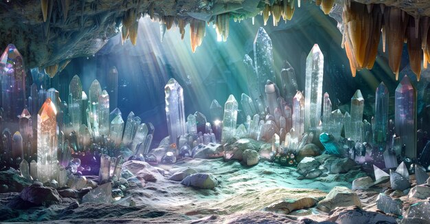 Sunbeams illuminate a mesmerizing cavern filled with glowing colorful crystals creating a magical an